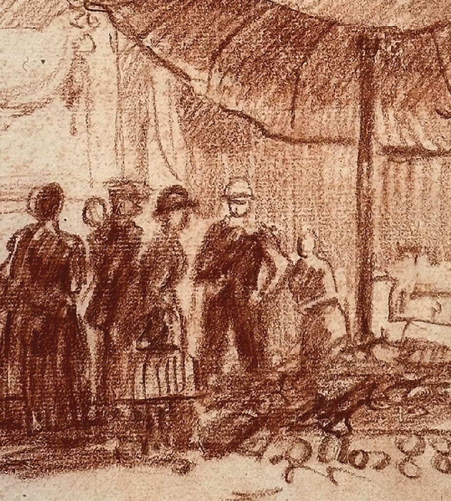 Dessiner l’Antique Early 1900's Antique French City Scene Drawing on Paper in Sepia