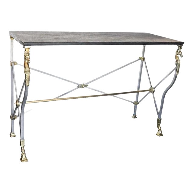 Neoclassical Revival Italian Bronze & Steel Console Table W Horse Details. 1950s For Sale