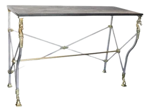 Neoclassical Revival Italian Bronze & Steel Console Table W Horse Details. 1950s