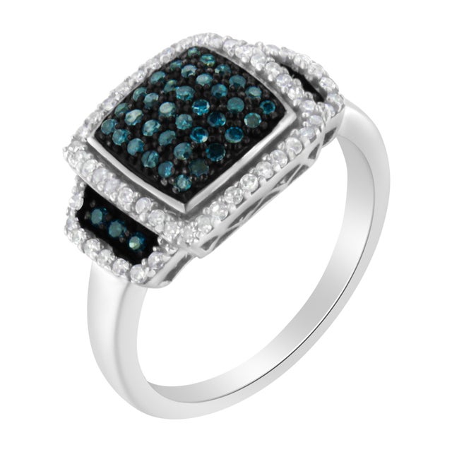 Contemporary Black Rhodium Plated .925 Sterling Silver 1/2 Cttw White & Blue Diamond Square Halo Cocktail Ring (Fancy Blue & H-I Color, I2-I3 Clarity) - SIze 7 For Sale - Image 3 of 7