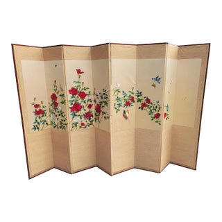 1950s Asian Eight-Panel Silk Embroidered Folding Floor Screen Room Divider For Sale