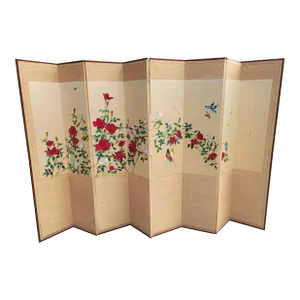 1950s Asian Eight-Panel Silk Embroidered Folding Floor Screen Room Divider