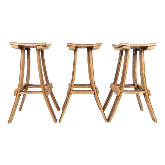 Handmade Wooden Wine Barrel Bar Stools (Set of 3) For Sale