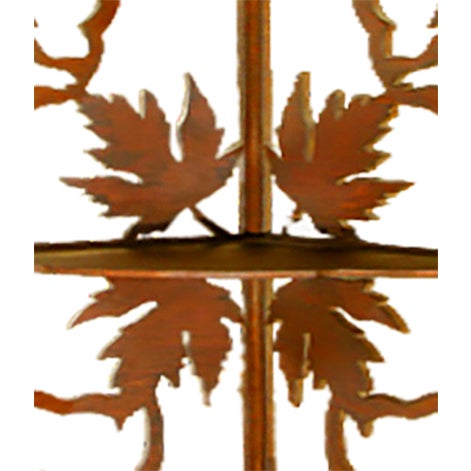 Lovely, airy carved wood corner display with 3 scalloped edge shelves: a single large shelf at midline and additional,...