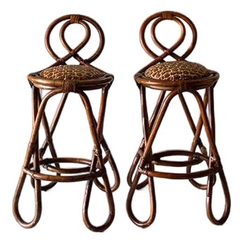 Late 20th Century Vintage Bent Bamboo and Grass Cloth Barstools - Set of 2 in the Style of Paul Frankl For Sale