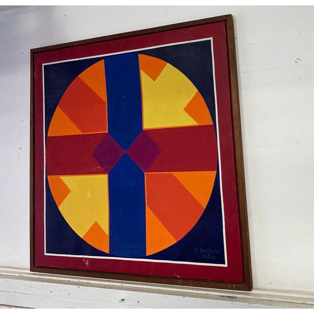 Original Signed Mid Century Vintage Geometric Oil Painting by R. Bolton dated 1969 Bright vintage abstract geometric with...