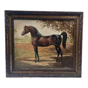 Large Vintage Equestrian Oil on Canvas Horse Portrait Signed & Framed Painting