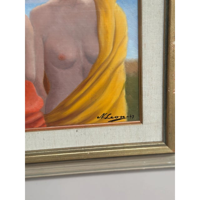 N. Leon, Three Women, 1947, Oil Painting on Panel, Framed For Sale - Image 7 of 18