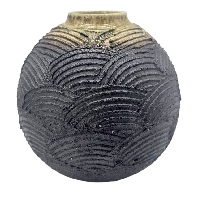 1990s Japanese Shigaraki Stoneware Textured Wave Vase With Original Box For Sale - Image 9 of 14