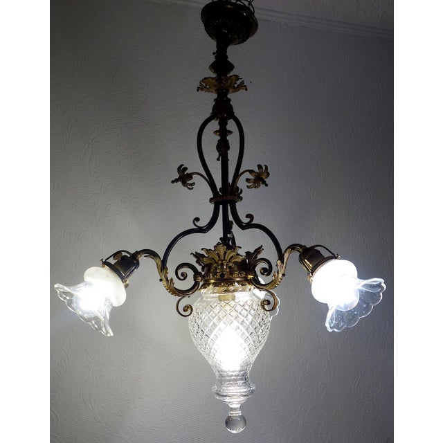 Antique French Art Nouveau Brass and Glass 4-Light Chandelier, 1940s For Sale - Image 11 of 13