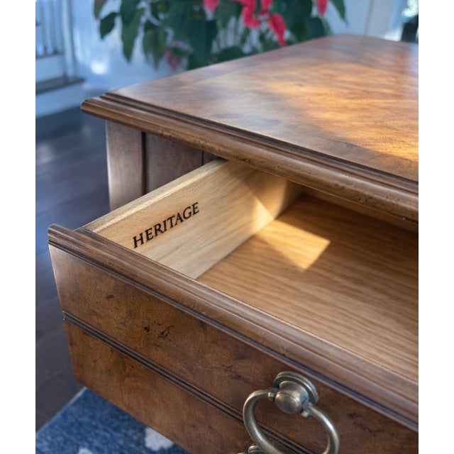 Late 20th Century Late 20th Century Pair of Heritage Neoclassical Walnut Side Tables With Brass Ring Pulls and Finished Backs For Sale - Image 5 of 5