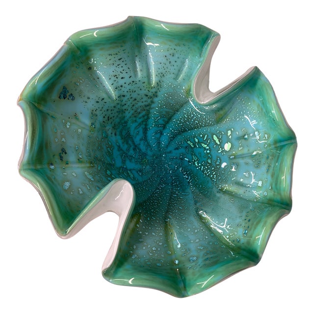 Vintage Mid-Century Italian Murano Green and Silver Art Glass Bowl For Sale