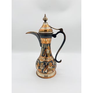 Vintage Hand-Etched Mixed Metal Ewer With Figural Decoration For Sale