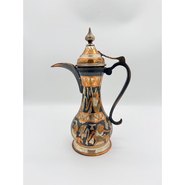 Vintage Hand-Etched Mixed Metal Ewer With Figural Decoration For Sale