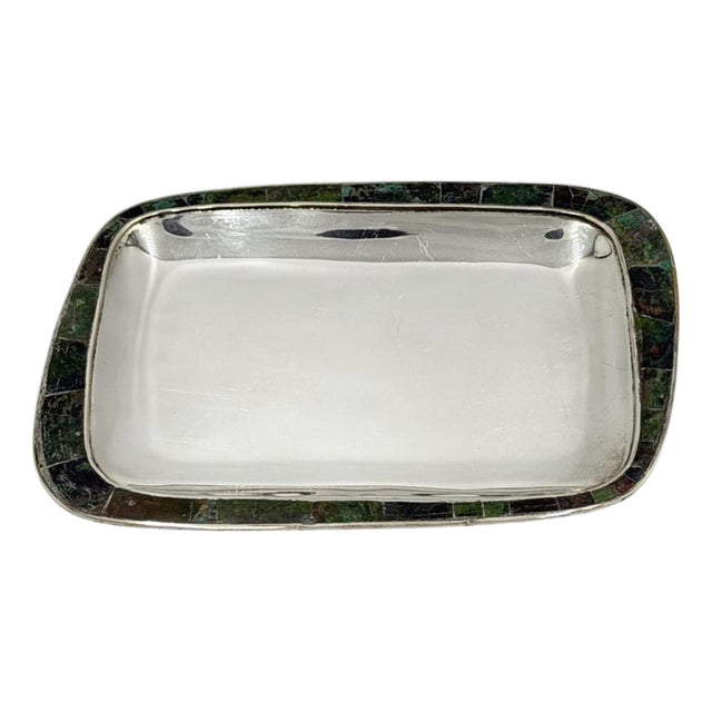 Mid 20th Century Los Castillo Taxco Azurite & Lapis Inlaid Silver Plated Tray, Mexican Modernist For Sale