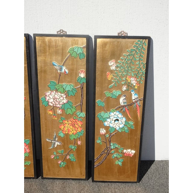 1960s Vintage 1940s Oriental Asian Coromandel Chinoiserie Gold Four Panel Screen with Floral Bird For Sale - Image 5 of 13