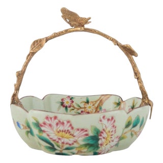 Floral Vine Painted Porcelain Bowl With Bronze Ormolu Basket Handle For Sale