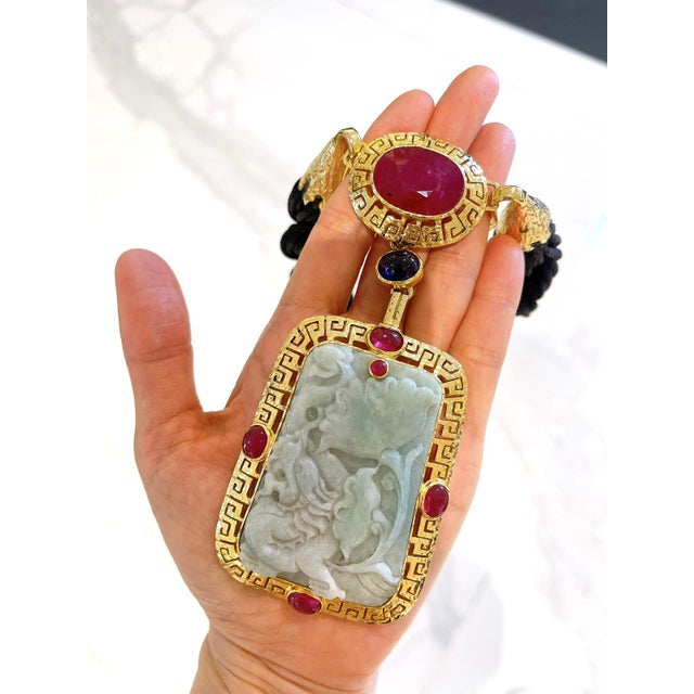 Baroque Bochic “Orient” Ruby, Sapphires & Mint Vintage Jade Necklace Set in 18 K Gold & Silver For Sale - Image 3 of 5