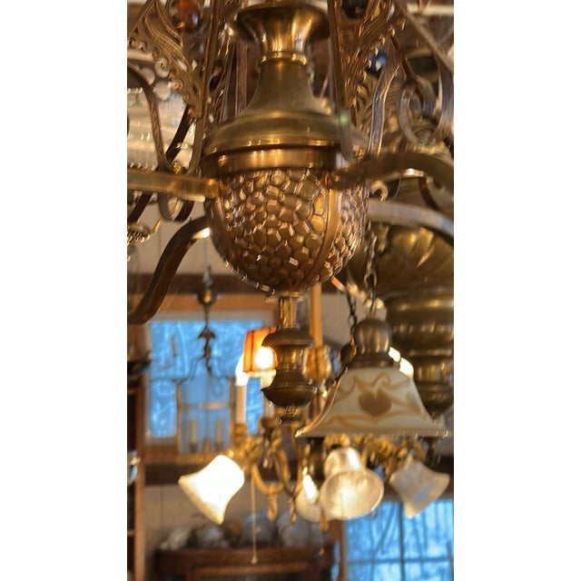 American Vintage Four Arm Brass Chandelier, Kerosene Converted to Electric For Sale - Image 3 of 4