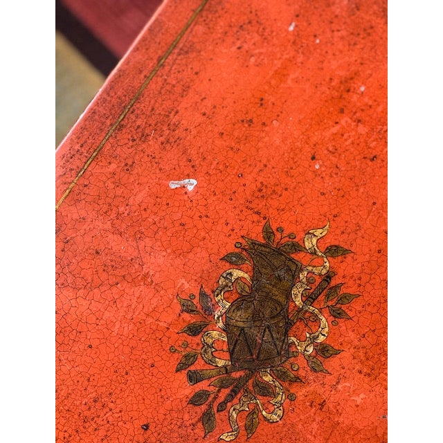 Orange Orange Chinoiserie Hand Painted Metal Trunk on Custom Stand For Sale - Image 8 of 10