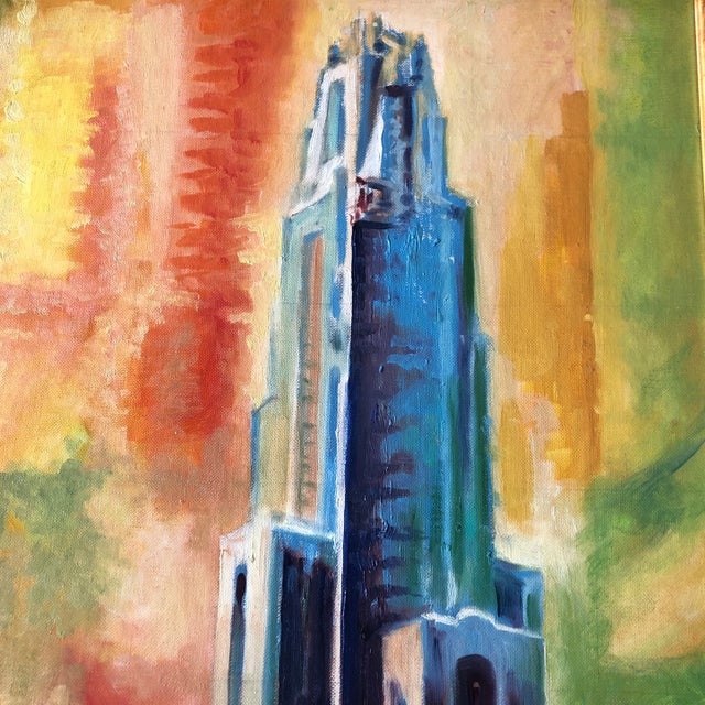 Expressionism 1970’s Original Modernist Painting Tower of Learning Pittsburgh Ornate Frame For Sale - Image 3 of 7