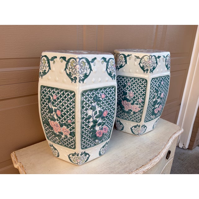 Late 20th Century Late 20th Century Chinoiserie Floral Green and Pink Porcelain Garden Stools or Side Tables, Pair For Sale - Image 5 of 10