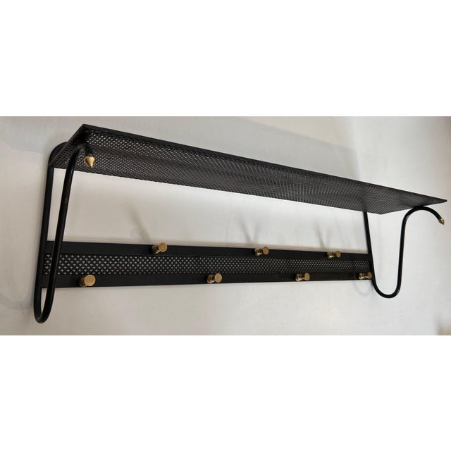 Mathieu Matégot 1950s Coat rack in black lacquered metal with perforated sheet metal and brass For Sale - Image 4 of 12