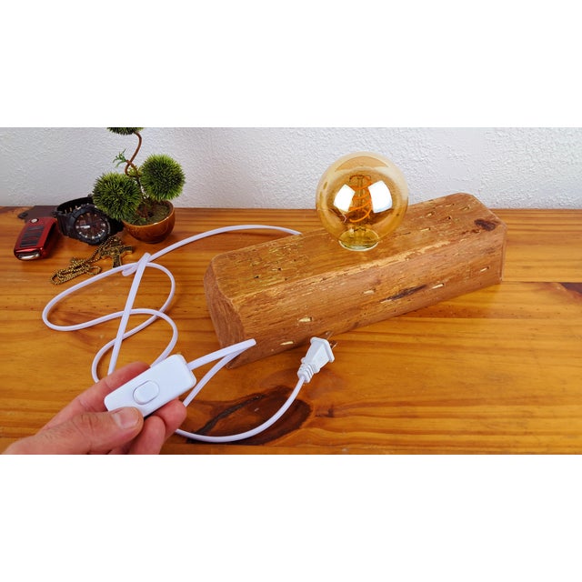 Wood Handmade Modern Solid Natural Reclaimed Wood Edison Filament Lamp Desk Table Top With Switch Key For Sale - Image 7 of 8