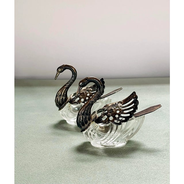 Vintage Silverplate & Glass Swan Salt & Pepper Dishes- a Pair For Sale - Image 4 of 8