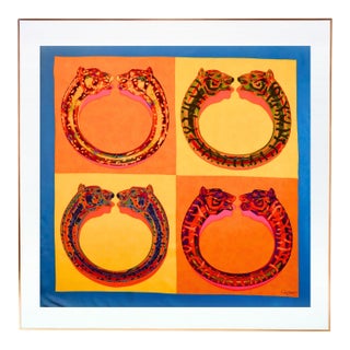 Framed Cartier Silk Scarf "Panther Bracelets" 1980s - Orange Gold Frame For Sale