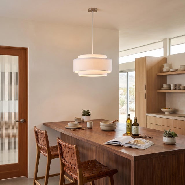 Contemporary Coronado Pendant Light Kit - Drum White Linen Shade, Satin Nickel Body, Dimmable For Sale - Image 3 of 6