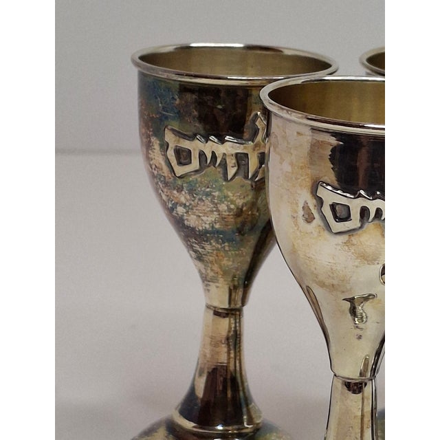 Metal Vintage Mini Sterling Silver Kiddush Cups Hebrew "L'Chaim" Inscription - Set of 6 For Sale - Image 7 of 14