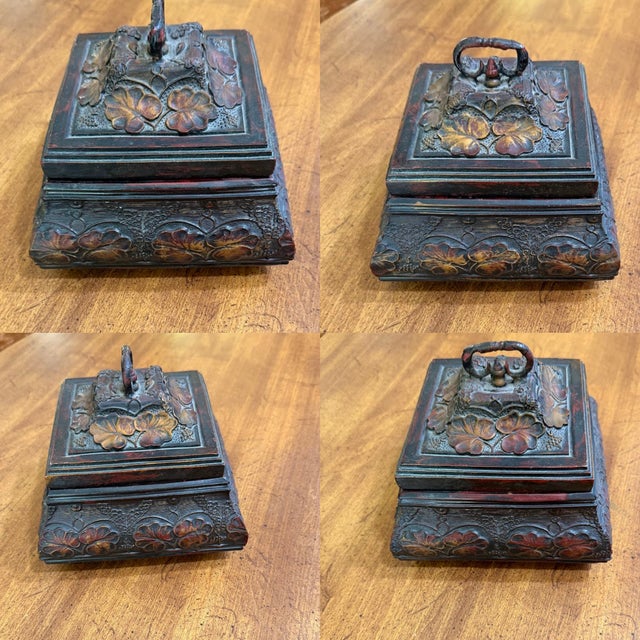 Vintage Style Carved Floral Jewelry Box Red Velvet Lined Footed Trinket Chest For Sale - Image 10 of 11