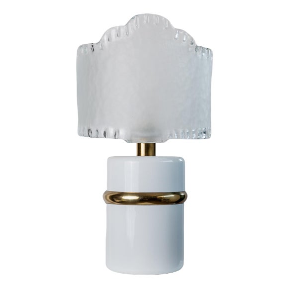 Vintage Murano Glass Table Lamp in White, Gold Metal Base, Frosted Glass Shade, Italy, 1980s For Sale