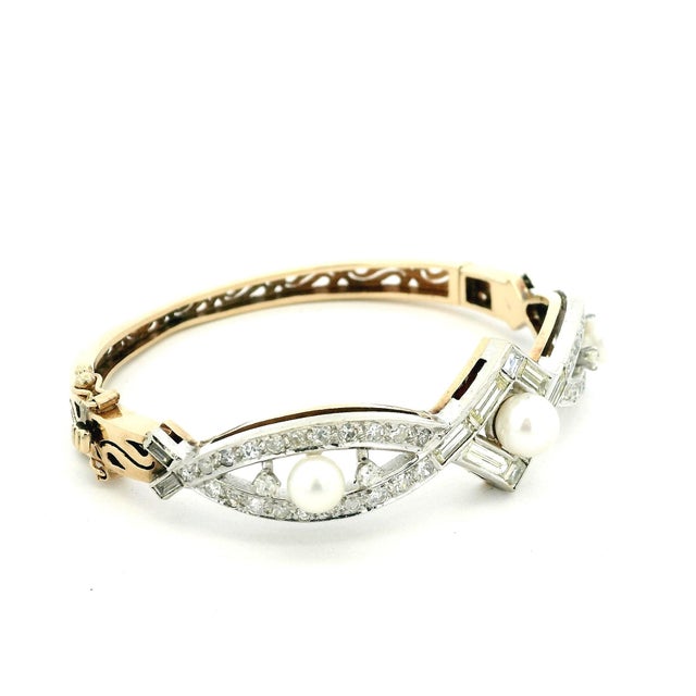 Victorian 14K Gold & Platinum Pearl and Diamond Bangle Bracelet, 2.20 Carat For Sale - Image 4 of 12