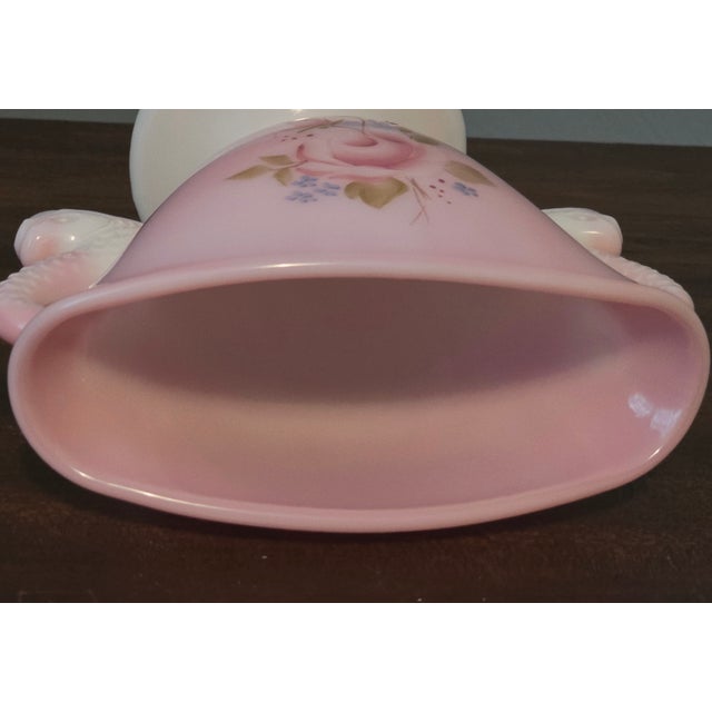 Vintage Fenton Rosalene Fan Vase With Dolphin Handles – Hand-Painted Floral – Signed by w.c. Fenton and S. Jackson. For Sale In Pittsburgh - Image 6 of 9