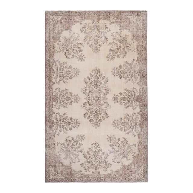 Vintage Handmade Medallion Floral Area Rug Oushak Beige Living Room 5'9'' X 9'5'' For Sale