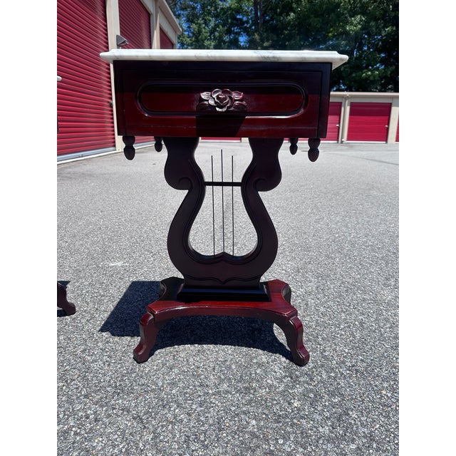 Kimball Pair of Vintage Kimball Marble Top Lyre Pedestal End Tables For Sale - Image 4 of 9