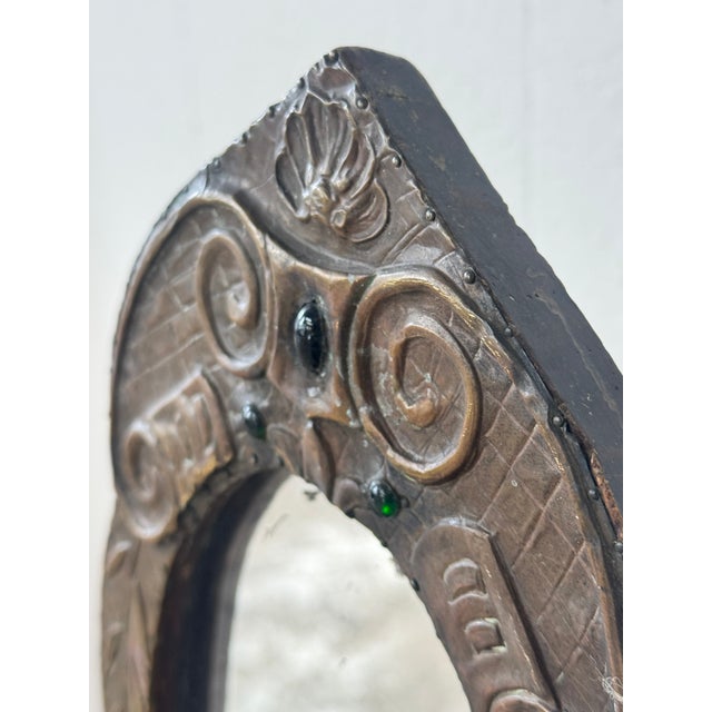 Wood Antique French Repoussé Metal Table Mirror With Green Glass Accents, C. 1900–1930 For Sale - Image 7 of 9