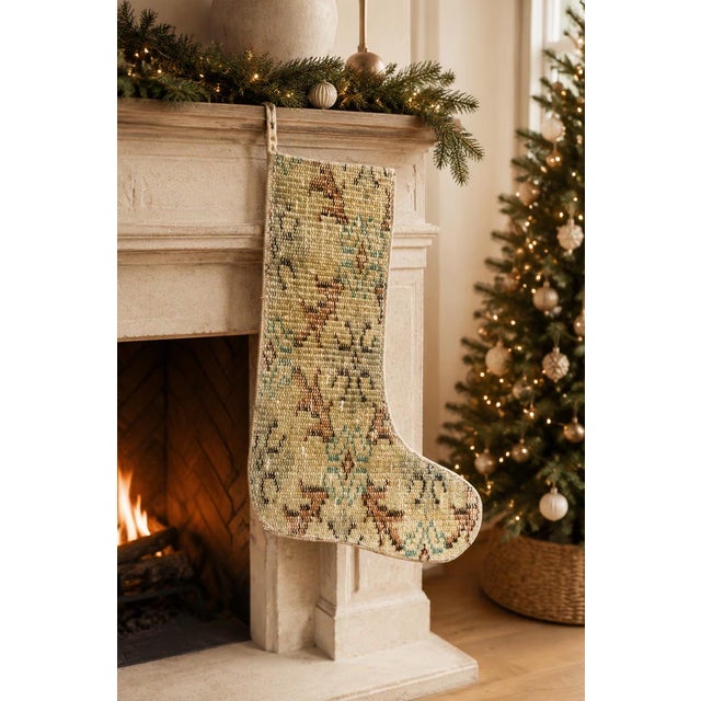 31 X 45 Cm Vintage Kilim Christmas Stocking, Sage Green Handwoven Wool Boho Xmas Decor, One of a Kind Turkish Rug Stocking, Rustic Holiday Gift For Sale - Image 4 of 6
