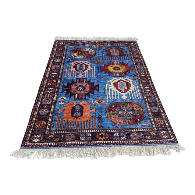 5x7 Ft. Blue Karachov Kazak Design Handknotted Wool Rug For Sale