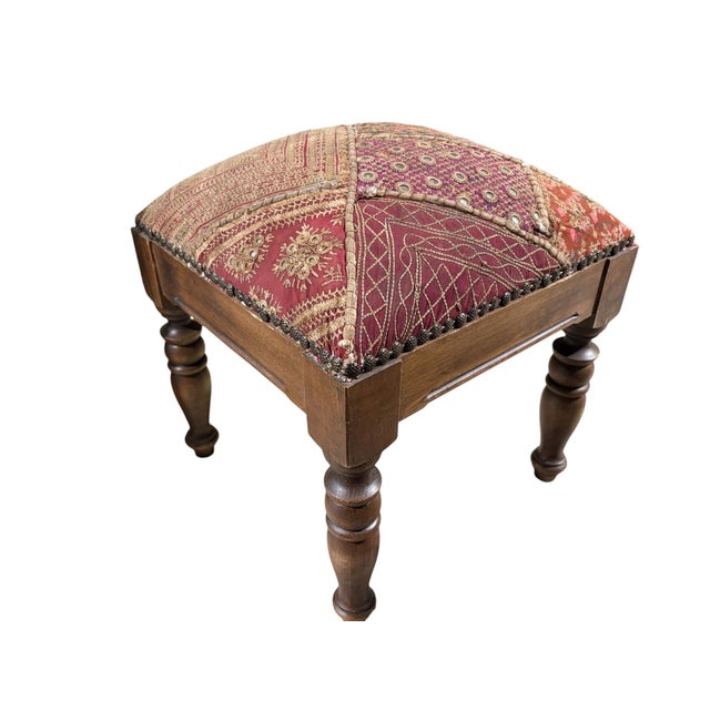 Vintage Stool/Footstool Upholstered W/Kutchi Indian Banjara Fabric W/ Mirrors 16" H For Sale In New York - Image 6 of 8