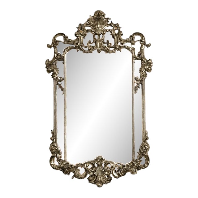 Ornate Baroque Style Antique Silver Wall Mirror With Sculpted Floral Frame For Sale