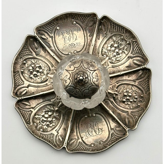 Outstanding Antique Victorian Hand Made London Sterling Silver & Hand Gut Crystal Inkwell - Circa 1865 For Sale In Boston - Image 6 of 18