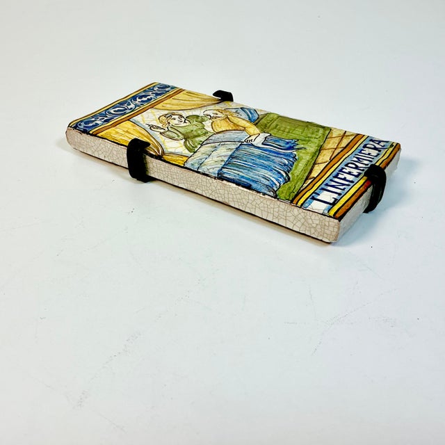 Vintage Rustic European Mediterranean Italian Castillo Tin-Glazed Majolica Hand-Painted Tile, Iron Bracket For Sale - Image 9 of 13