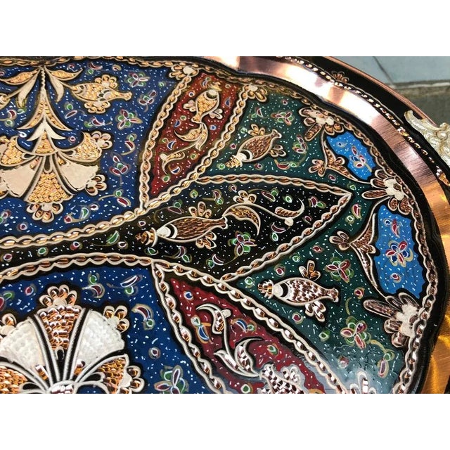 Metal Hand Carved Copper Tray with Handles For Sale - Image 7 of 11
