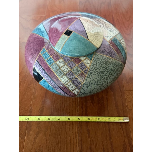 Ceramic 1998 Postmodern Mindy Brunn Handmade Geometric Signed and Dated Raku Ceramic 10" Centerpiece Lidded Vessel / Art Pottery For Sale - Image 7 of 18