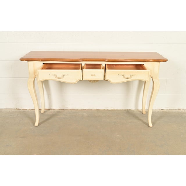 Late 20th Century Ethan Allen French Country Cream Lacquered Maple Top Console Table For Sale - Image 5 of 16