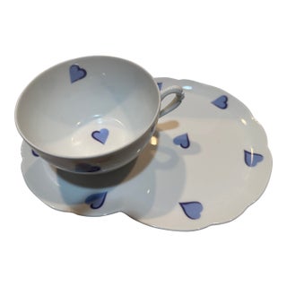 Late 20th Century D. Porthault/Limoges Coffee Cup and Tray in Les Coeurs Pattern. For Sale