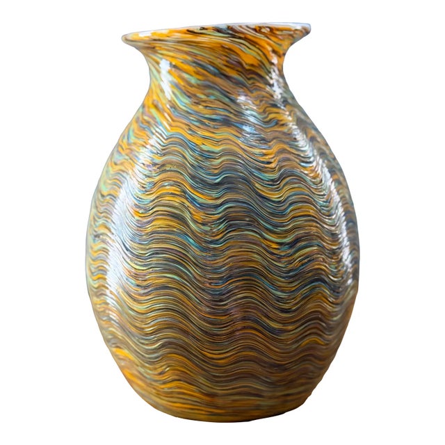 1980s Large Hand-Blown Iridescent Studio Art Glass Vase - Pulled Feather Design For Sale In Portland, ME - Image 6 of 17